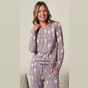 🍷 SERRA 🍷 wine and champagne PJs pajama set gray size M medium cotton